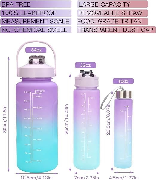 3 Piece Motivational Water Bottle Set BPA Free Plastic Gradient Colors For Students Fitness And Daily Use | Random Color